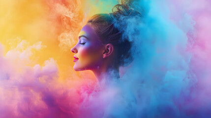 Colorful Portrait Of Woman In Artistic Powder Clouds