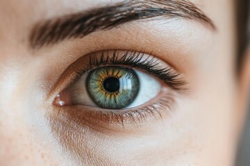 Stunning close-up of greenish hazel eye with perfectly shaped eyebrow