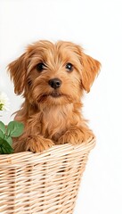 Adorable light brown puppy sits in wicker basket with flowers, posing for photo against white backdrop