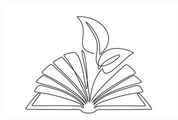 Opened book with sprout plant in one continuous line drawing . Education study and knowledge concept in simple linear style. Growing wisdom in editable stroke. Doodle contour vector illustration