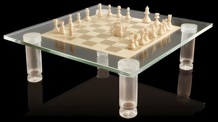 chessboard with chess pieces on a glass table