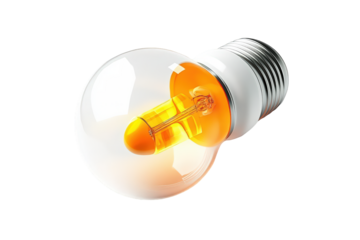 Bright orange led light bulb glowing warm light energy efficient home idea on transparent background
