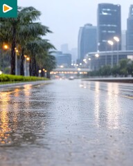 Naklejka premium Rainy city street scene, wet asphalt reflecting lights, palm trees lining the road, skyscrapers in background