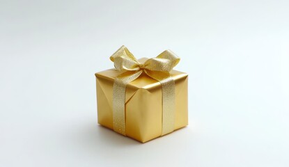 Gold Gift Box with Ribbon on White Background