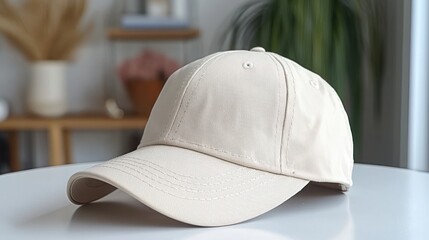 Beige cap resting on a clean, white surface