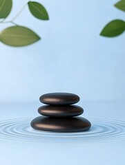 Obraz premium Three dark stones rest on calm, light blue water, creating concentric ripples Green leaves softly frame the scene