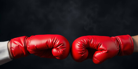 two red boxing gloves poised in a confrontational stance against a dark, smoky background