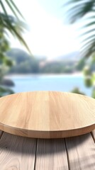 Obraz premium Tropical beach scene backdrop with a round wooden table in focus