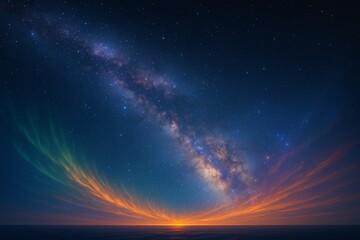 A surreal view of the Milky Way galaxy above a glowing aurora sky