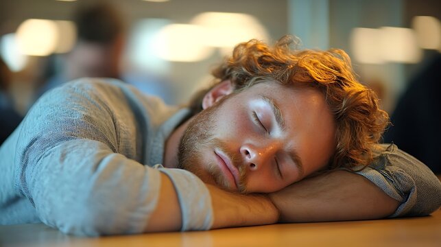 Man sleeping with head on arms in daylight.Tired man sleeping at desk with head on crossed arms. Casual power nap during workday. Workplace rest and balance for National Napping Day