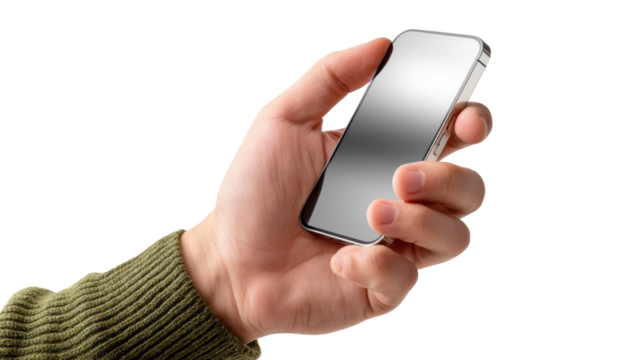 Phone in Hand: A close-up shot of a hand holding a modern phone, emphasizing sleek design and technological integration. The clean lines of the phone contrast with the soft touch of the hand.