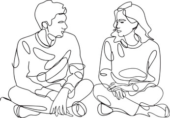 Man in a suit and woman in a dress talking on a park bench in a serene black and white continuous line art drawing expressing casual communication and connection