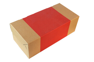 Brown and red cardboard box isolated on white background