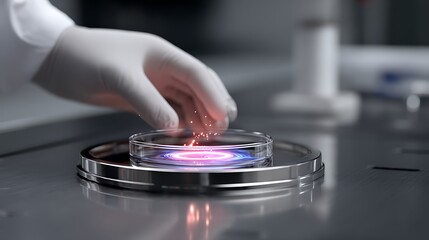 Obraz premium Laboratory Experiment with Petri Dish and Glowing Substance in Scientific Research Setting