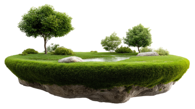 Floating Oasis: A whimsical, serene landscape with lush green grass and trees set atop a floating island, a vibrant and surreal nature scene.