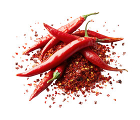 Spicy red chili peppers and flakes kitchen food isolated on transparent background