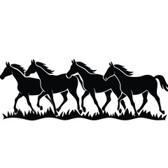 "Dynamic horse silhouettes running through diverse landscapes including desert, jungle, grassland, and mountains under dramatic skies, vector illustration"