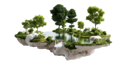 Floating Island Paradise: A captivating miniature floating island with verdant trees, a serene pond, and textured rocks, creating a whimsical and idyllic landscape.
