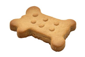 A close up view of a single bone shaped dog biscuit with paw prints against a black background