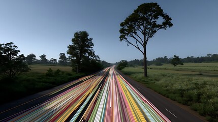 Long Exposure Light Trails on Highway with Trees Against Clear Blue Sky During Dusk or Dawn