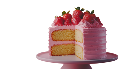 A Slice of Layered Cream Cake Topped With Strawberry In Ceramic Plate On Counter Surface, Pink Background. Natural Light, Minimal Exterior Courtyard Patio Composition.