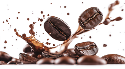 A splash of coffee is on a white background with coffee beans scattered around it. Scene is playful and energetic, as if the coffee is splashing out of a cup and onto the ground