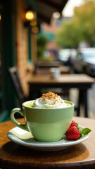 A vibrant outdoor cafe scene showcasing a matcha latte served with a delicious dessert on a sunny day