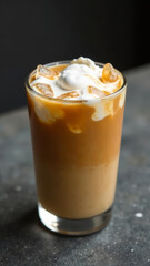 Cold Brew Coffee with Foam on a Grey Stone Table, Copy Space, vertical, menu, ice