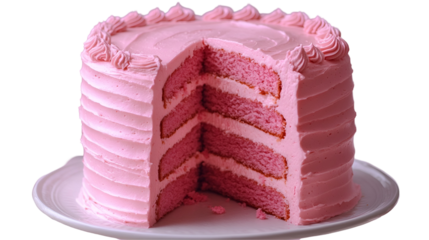 A Slice of Layered Cream Cake Topped With Strawberry In Ceramic Plate On Counter Surface, Pink Background. Natural Light, Minimal Exterior Courtyard Patio Composition.