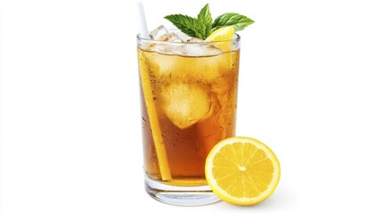 Iced tea with lemon and mint leaves in a glass on a white background. Generative AI
