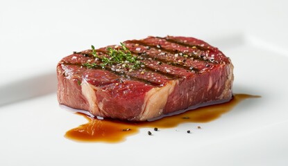 Grilled Steak with Herbs and Dark Sauce on White Plate
