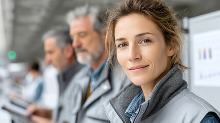 A confident business team engages in a meeting, showcasing collaboration and expertise in a modern workspace.