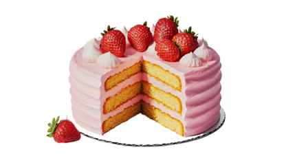 A Slice of Layered Cream Cake Topped With Strawberry In Ceramic Plate On Counter Surface, Pink Background. Natural Light, Minimal Exterior Courtyard Patio Composition.