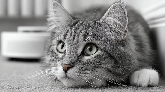 A close-up view of a grey cat lying on the floor, showcasing its beautiful green eyes and soft fur in a tranquil setting.