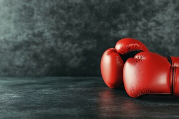 Red boxing gloves resting on dark table in gym setting