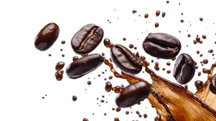 A splash of coffee is on a white background with coffee beans scattered around it. Scene is playful and energetic, as if the coffee is splashing out of a cup and onto the ground