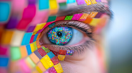 Closeup Colorful Pixelated Mosaic On Face