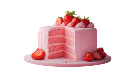 A Slice of Layered Cream Cake Topped With Strawberry In Ceramic Plate On Counter Surface, Pink Background. Natural Light, Minimal Exterior Courtyard Patio Composition.