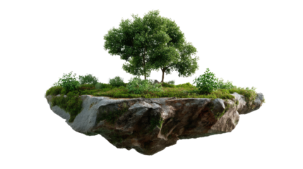 Island in the Sky: A whimsical depiction of a miniature, floating island, teeming with life. A verdant tree crowns the rocky terrain, inviting viewers to ponder the magic of nature.