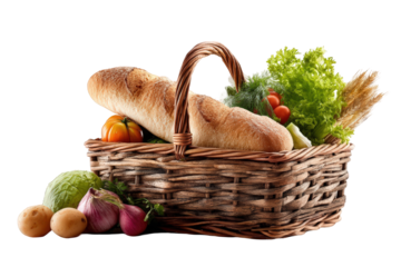 Freshly baked bread and vegetables in rustic wicker basket food dill wheat on transparent background