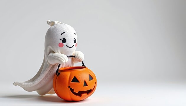 A little ghost holding a jack o' lantern bucket, placed against a white background.