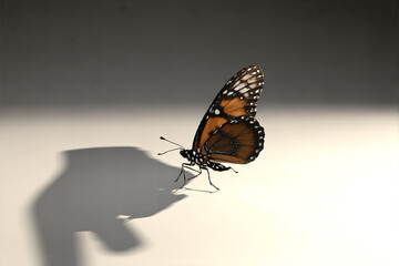 Butterfly in Flight with Elongated Shadow on Gradient Background, Minimalistic Nature Scene, Black and Orange Wing Patterns