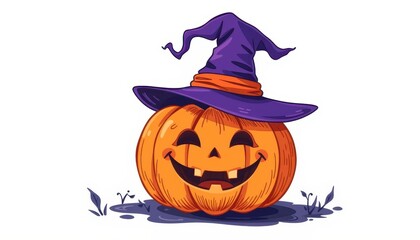 A friendly pumpkin with a funny face and witch's hat on a white background.