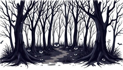 A haunted forest with glowing eyes peeking from the shadows, on a white background.