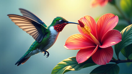 Obraz premium Hummingbird and Flower Macro: A Detailed and Vibrant Vector for Nature and Floral Themes