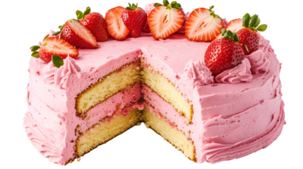 A Slice of Layered Cream Cake Topped With Strawberry In Ceramic Plate On Counter Surface, Pink Background. Natural Light, Minimal Exterior Courtyard Patio Composition.