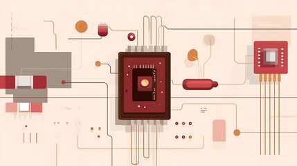 Abstract Illustration of Electronic Circuit Board with Microchip and Connecting Lines in Warm Color Palette