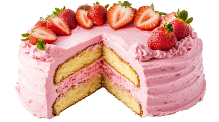 A Slice of Layered Cream Cake Topped With Strawberry In Ceramic Plate On Counter Surface, Pink Background. Natural Light, Minimal Exterior Courtyard Patio Composition.