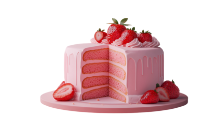 A Slice of Layered Cream Cake Topped With Strawberry In Ceramic Plate On Counter Surface, Pink Background. Natural Light, Minimal Exterior Courtyard Patio Composition.