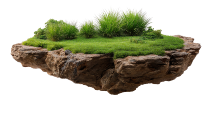 Floating Island of Lush Greenery: A picturesque image showcasing a detached piece of land, covered in vibrant green grass and shrubbery, floating in an infinite space.